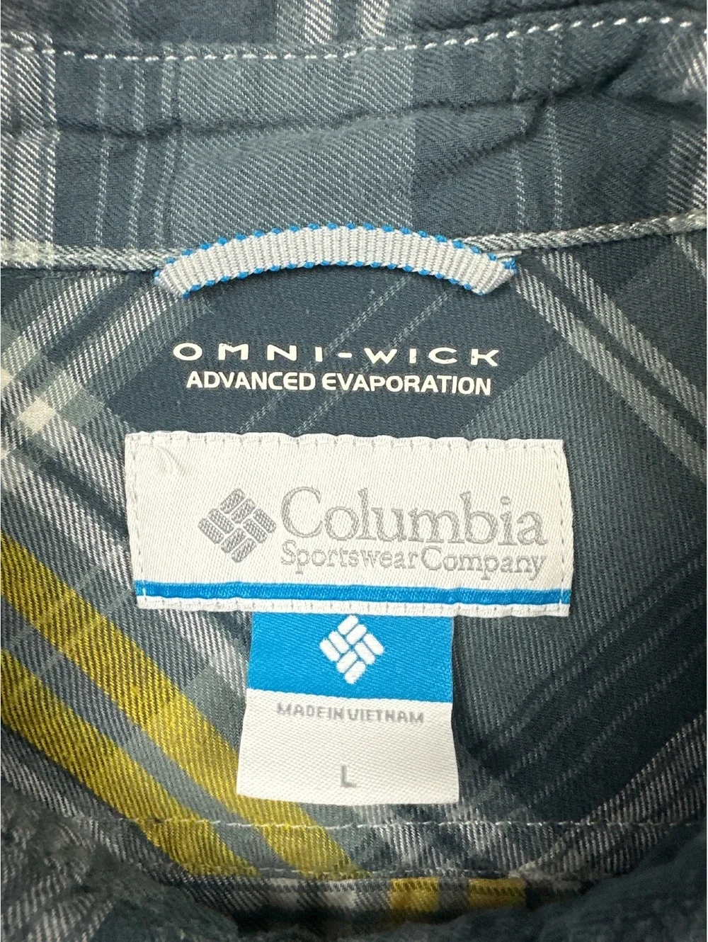 Columbia Flare Gun Flannel Men's L Blue Yellow Plaid Omni-Wick Outdoor
